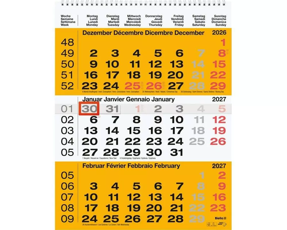 Biella 3-Monats-Kalender Papier 31 x 40 cm Mehrfarbig