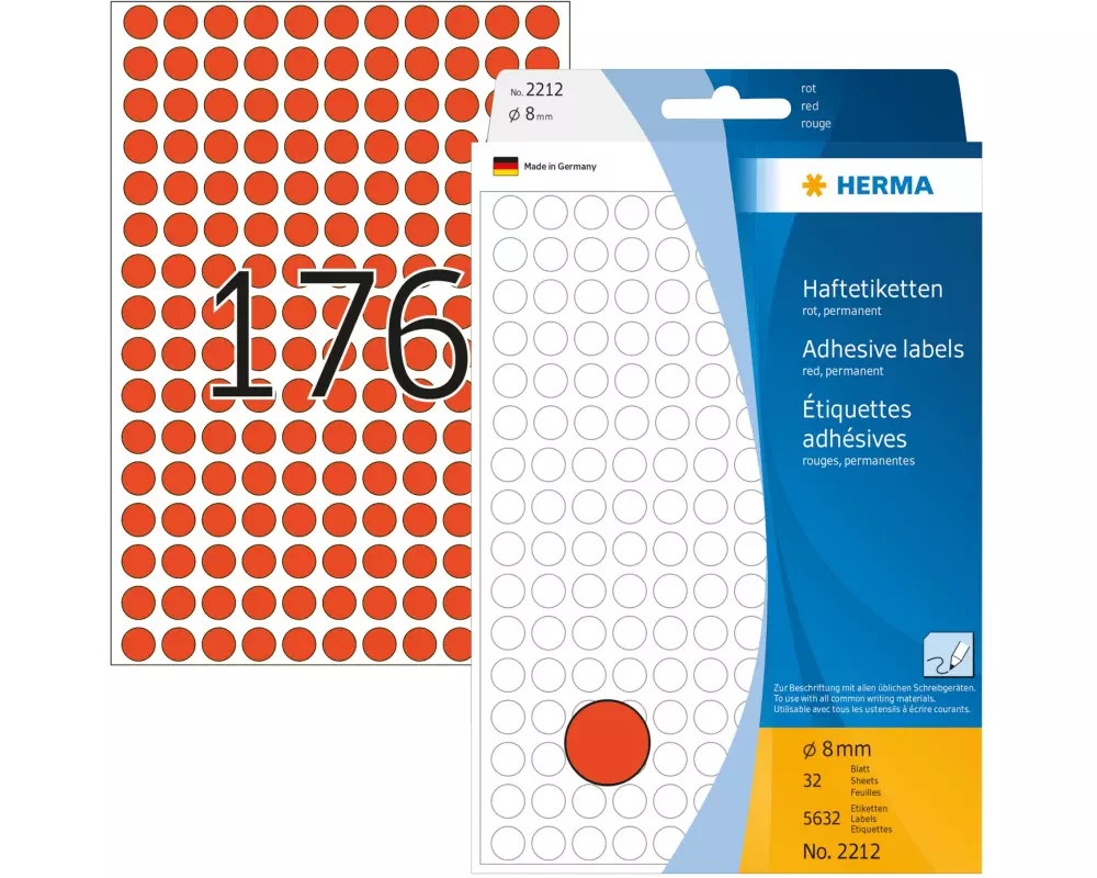 HERMA Vielzweck-Etiketten 2212 Ø 8 mm, Rot, 32 Blatt