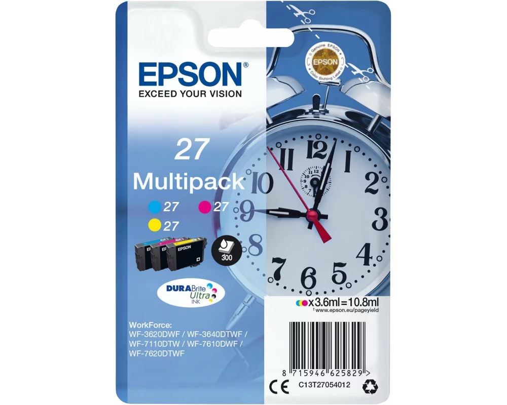 Epson 27 Ink cyan, magenta and yellow Std Capacity 3x3.6ml 3x350 pages combopack blister - DURABrite