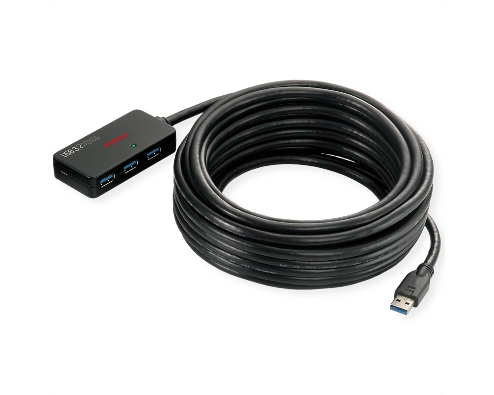 ROLINE USB 3.2 Gen 1 4-Port Hub mit Repeater, schwarz, 10 m