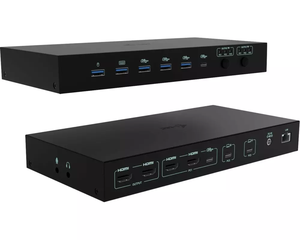 i-tec USB-C KVM Docking station, for 3 Hosts, 2xHDMI, 1xGLAN, 1xUSB-C Gen2, 3x USB-A Gen2, 2x USB-A 1.1, 1xAudio, 1xMic