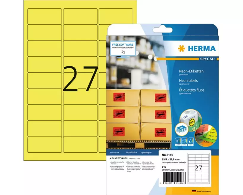 HERMA Neonetiketten A4 63.5 x 29.6 mm, Neon-Gelb, 540 Stück