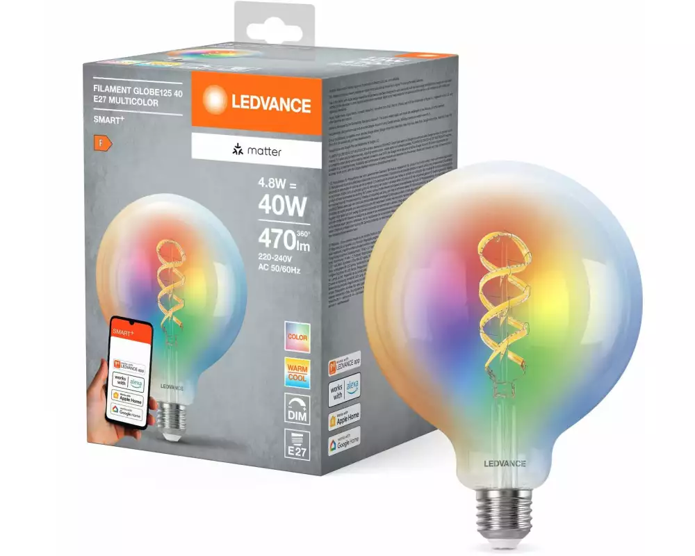 Ledvance SMART+ Matter Filament Globe Multicolor 4.8W 827-865 E27