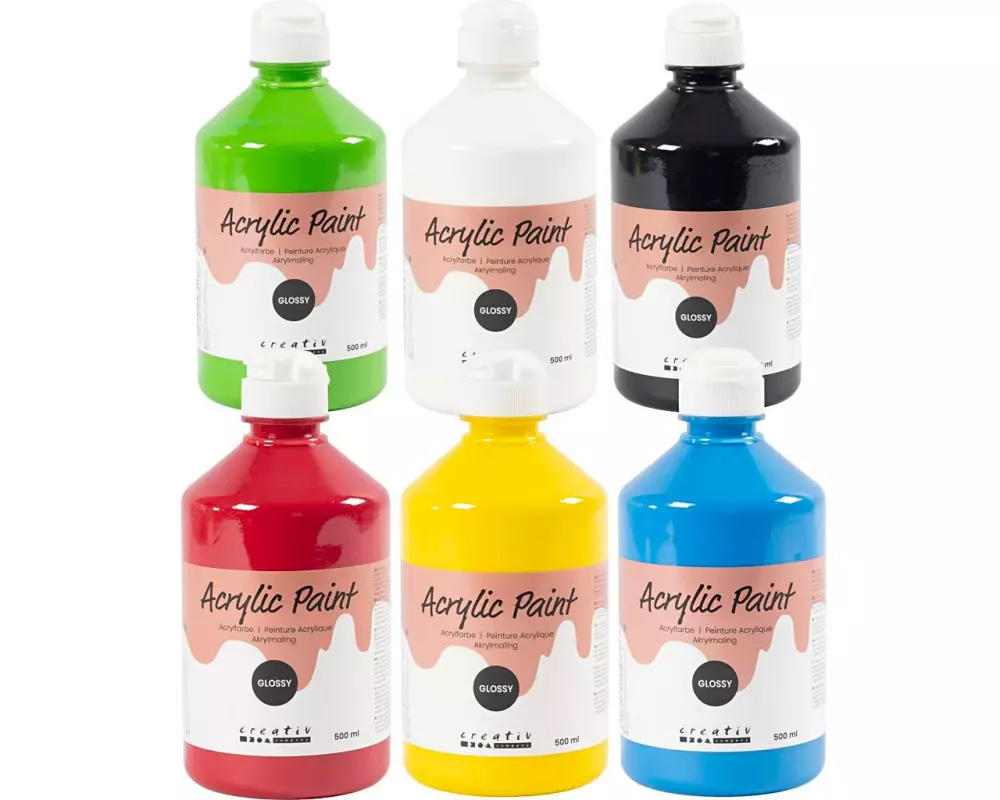 Creativ Company Acrylfarbe, glänzend, Primärfarben, 6 x 500 ml/ 1 Pck