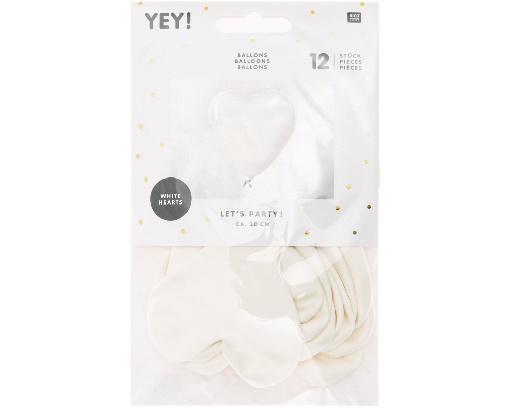 RICO DESIGN Luftballons 30cm 81001.00.04 Herz, weiss 12 Stück