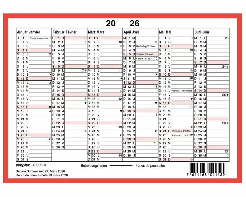 Simplex Kalender ohne Namenstage A6 Querformat, 2026
