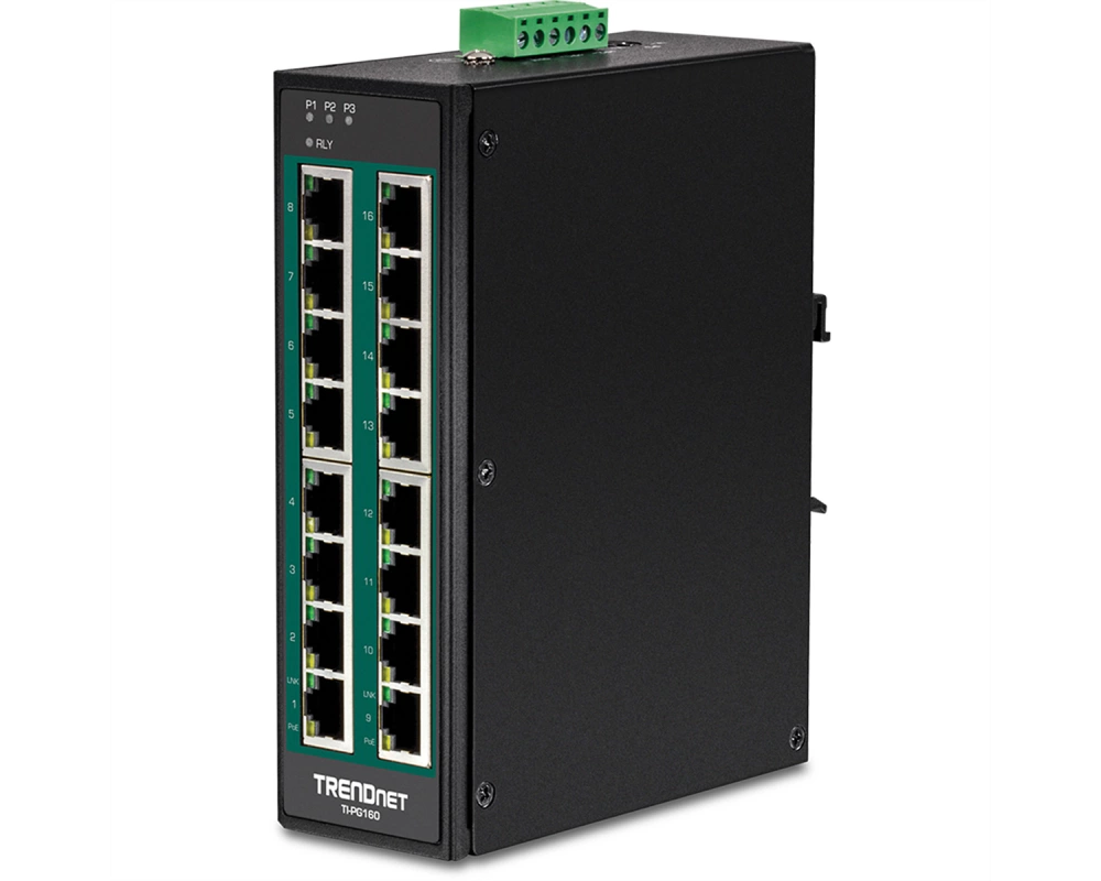 TRENDnet TI-PG160 DIN-Rail Switch PoE+ 16-Port Industrial Gigabit