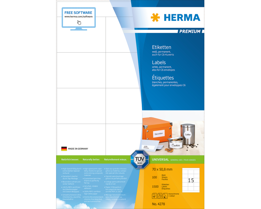 HERMA Etiketten PREMIUM 70x50.8mm 4278 weiss,perm. 1500 St./100 Bl.
