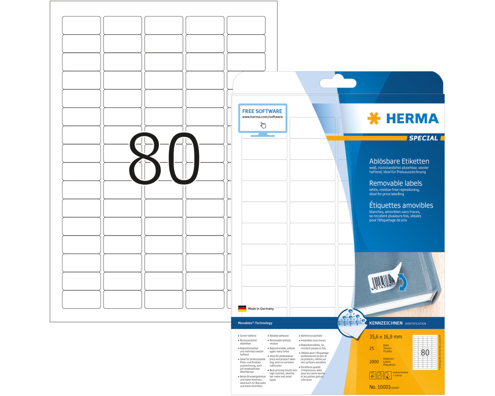 HERMA Etikett. Movables 35,6x16,9mm 10003 weiss,non-perm. 2000St./25Bl.