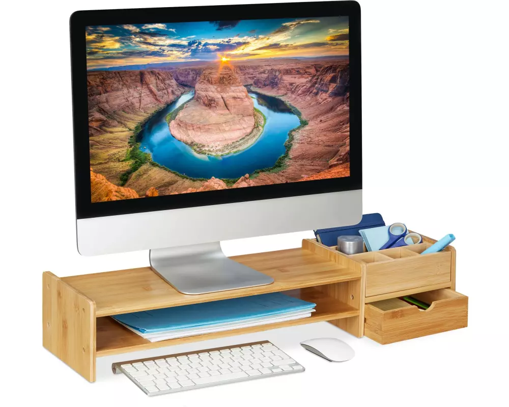 relaxdays Monitorständer mit Stauraum, 13 x 70 x 19 cm, Bambus