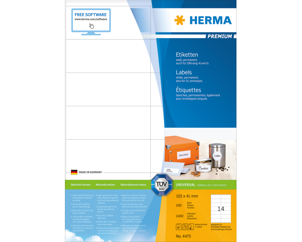 HERMA Etiketten PREMIUM 105x41mm 4475 weiss,perm. 1400 St./100 Bl.