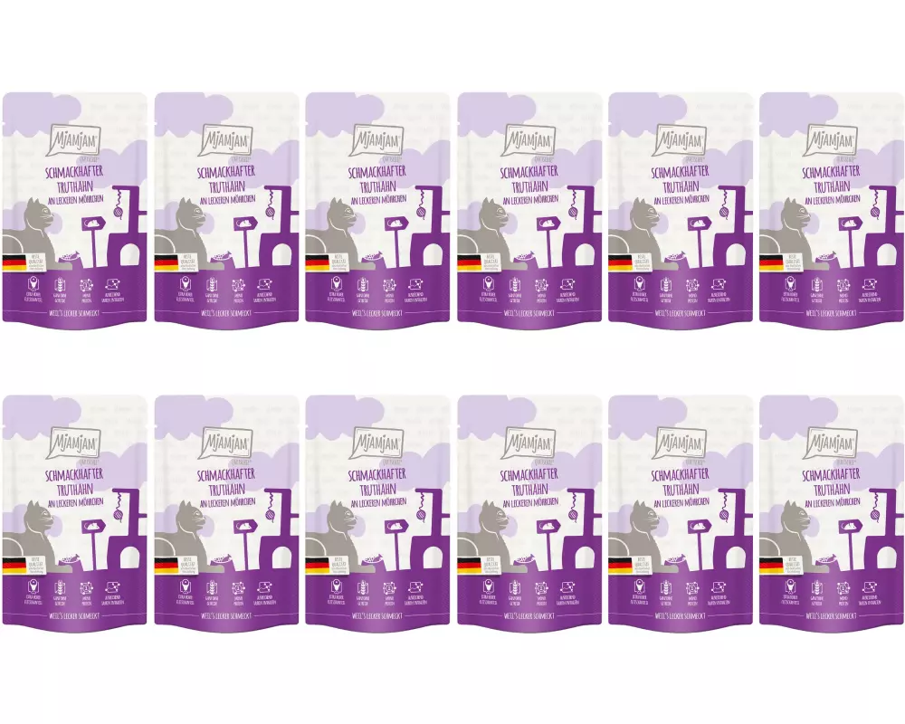 Mjamjam Nassfutter Quetschie Truthahn & Möhrchen, 12 x 125 g