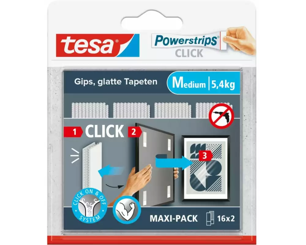 tesa Montagestreifen Powerstrips CLICK Medium 16 Paar, 5.4 kg