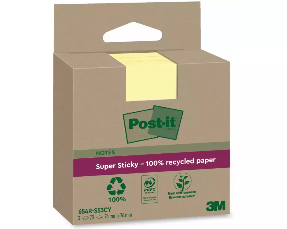 Post-it Notizzettel Super Sticky Recycling, Gelb, 3 Blöcke
