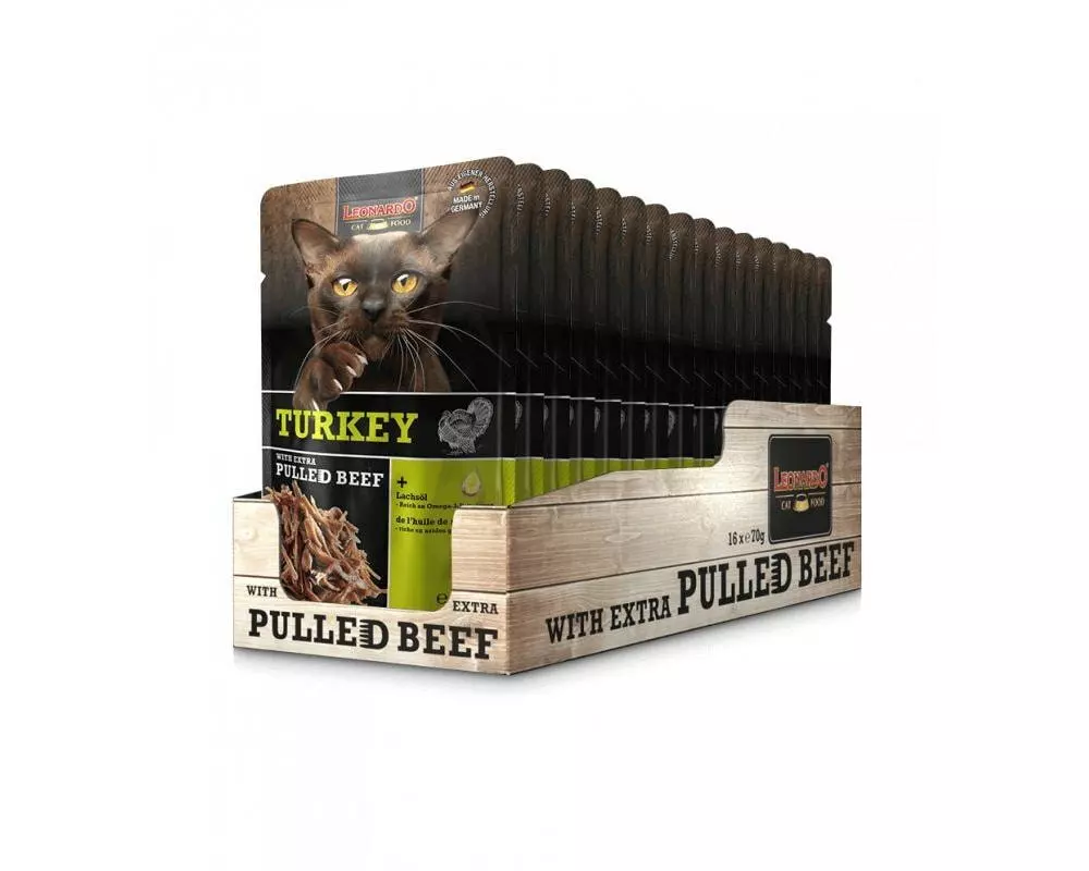 Leonardo Cat Food Nassfutter Truthahn & Pulled Beef, 16 x 70 g