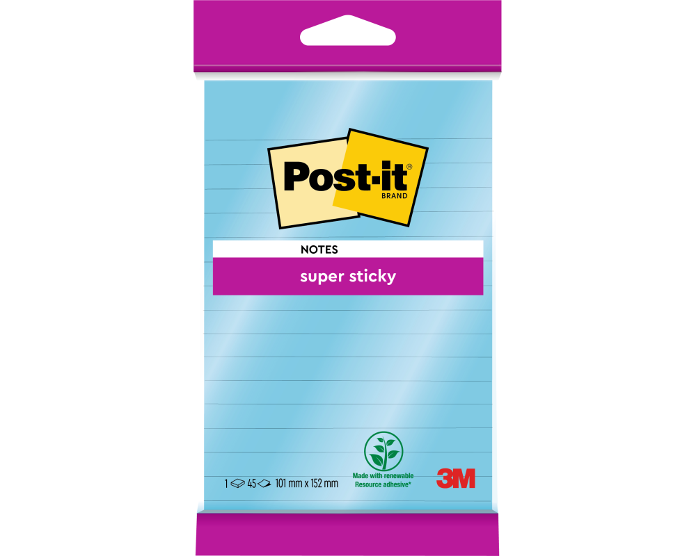 POST-IT Block Super Sticky 102x152mm 6844L-NB hellblau,45 Bl.,liniert,hängb.