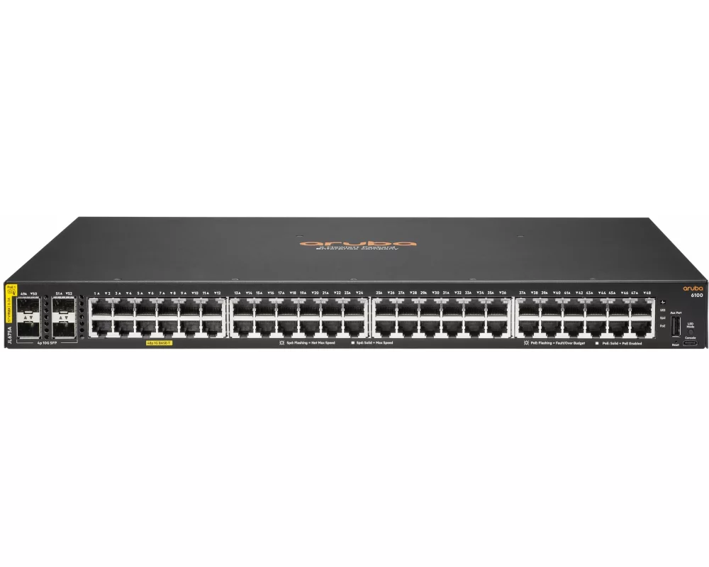 HPE Aruba 6100 Switch, 48G, 4 SFP+ Ports, PoE 370W, 1 USB Type C Console Port, 1 USB Type A Host Port, Layer 2, ACL, QoS, NetEdit