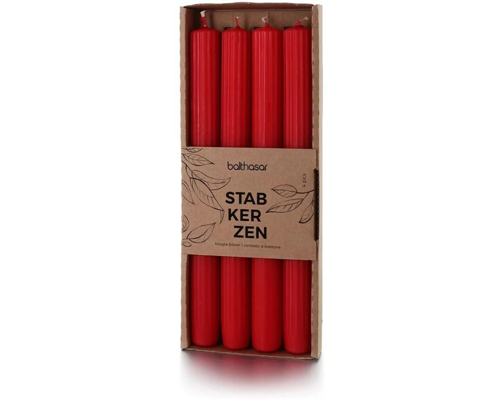 balthasar Stabkerze Rillen 24 cm x 24 cm, Rot, 4 Stück
