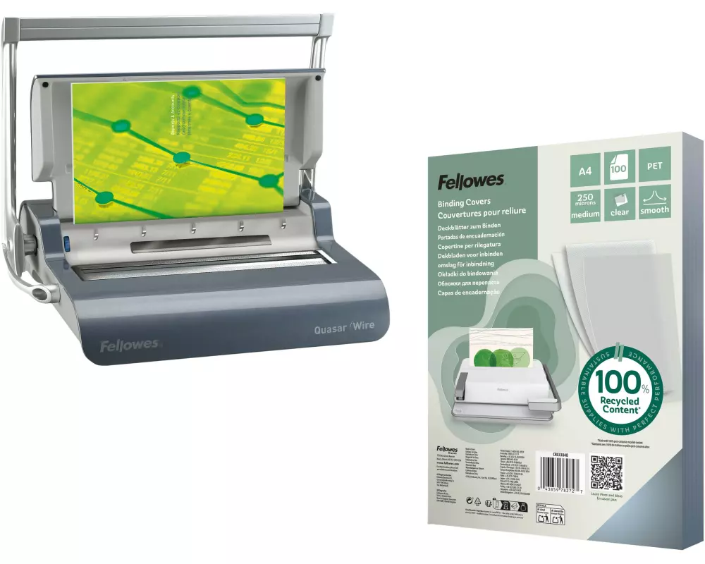 Fellowes Drahtbindegerät Quasar Wire inkl. 100er Packung Deckblätter
