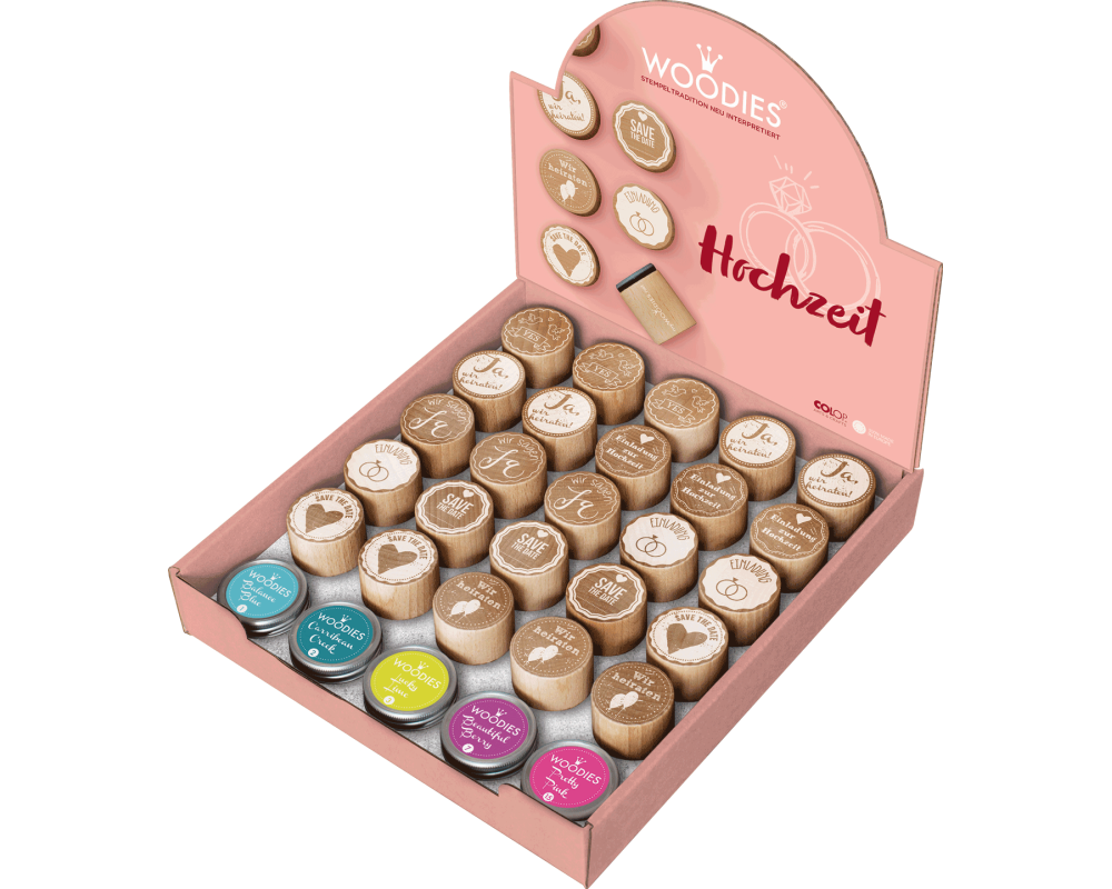 COLOP Woodies Display Hochzeit 151332 25 Stempel, 5 Kissen