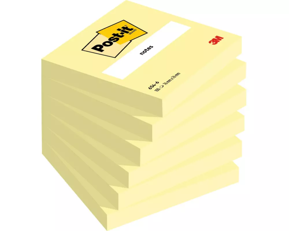 Post-it Notes 654 Gelb, 76 x 76 mm, 6 Blöcke à 100 Blatt