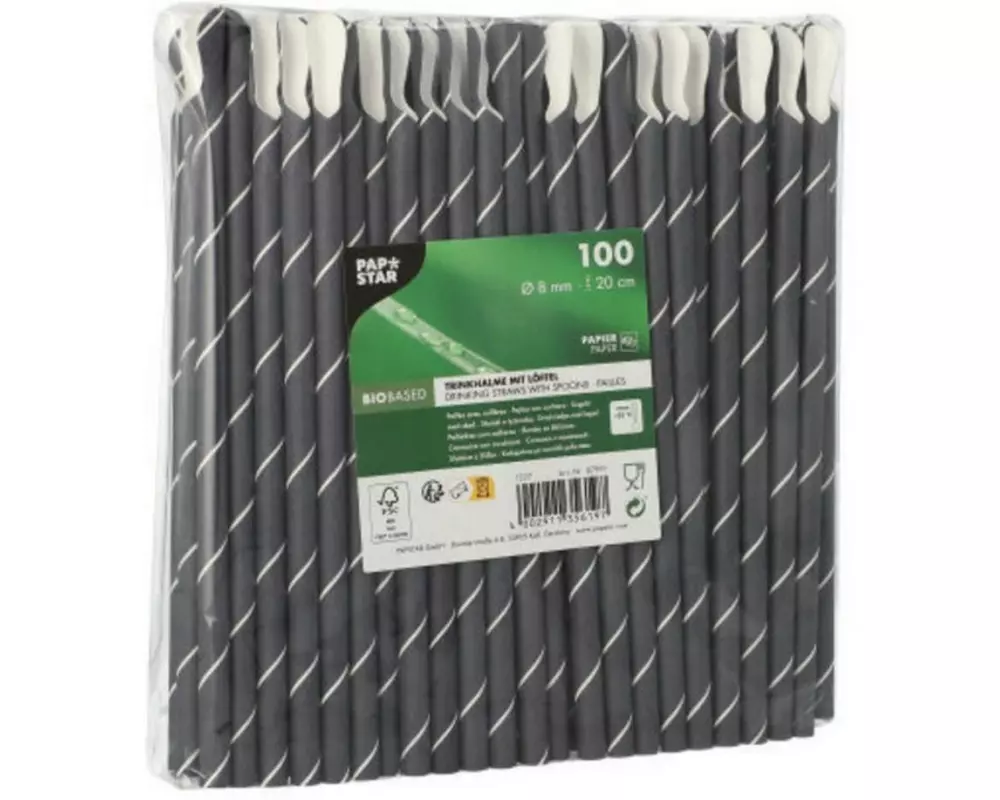 Papstar Strohhalm STRIPES 100 Stück, Schwarz/Weiss