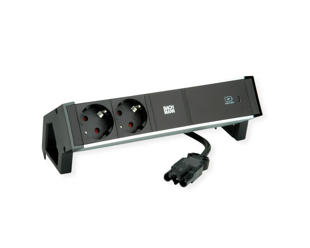 BACHMANN DESK2 ALU BLACK 2xSchutzkt.USBC, USB Charger 60W 0,2m GST18