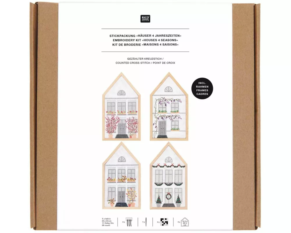 Stickpackung Gezählter Kreuzstich, Häuser 4 Jahreszeiten, medium, inkl. 4 x Dekostickrahmen Haus M