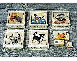 Würfelpuzzle, 9-teilig. Haustiere / Holzhintergrund