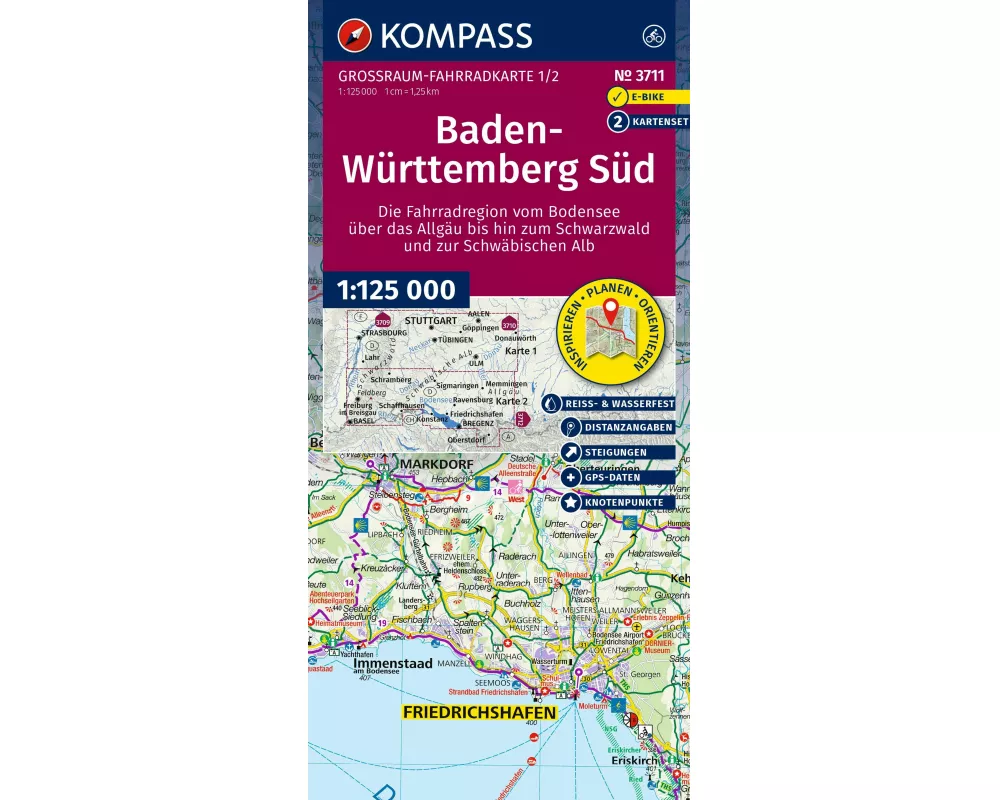 KOMPASS Großraum Fahrradkarte 3711 Baden-Württemberg Süd, die Fahrradregion vom Bodensee über das Allgäu bis zum Schwarzwald und der Schwäbischen Alb;
