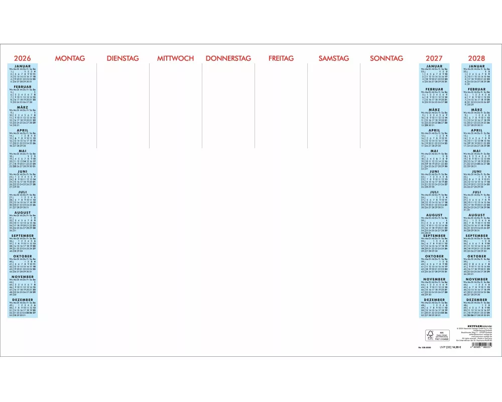 Zettler Schreibunterlage ohne Schutzleiste 2026 – Schreibtischunterlage 60 × 37 cm, Wochenplaner undatiert, mit Dreijahresübersicht 2026–2028, Kartonu