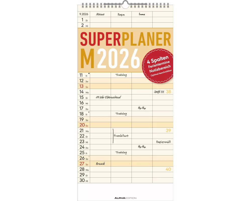Alpha Edition - Superplaner M - Familienkalender 2026 – 22x45 cm – Farbenfroher Familien-Timer mit 4 Spalten & zusätzlichem Notizbereich – Ferientermi