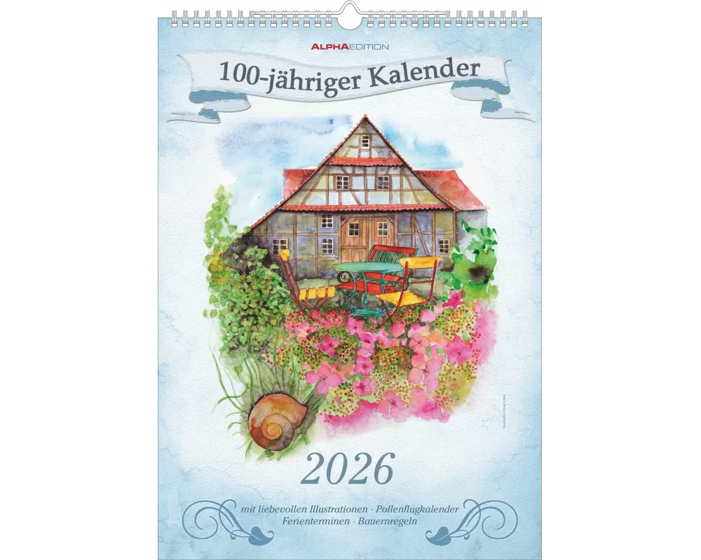 Alpha Edition - 100-jähriger Kalender 2026 – Bildkalender 29,7x42 cm – Wetterkalender mit traditionellen Bauernregeln – 12 Illustrationen von Irene Mo