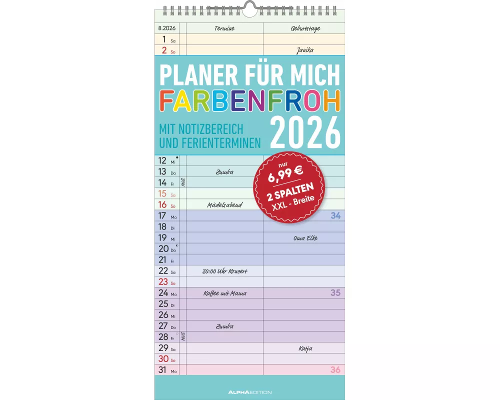 Alpha Edition - Planer für mich Farbenfroh 2026 – Familienkalender 22×45 cm mit 3 Spalten & Ferienterminen, dekorativer Wandplaner für Familie, Büro &