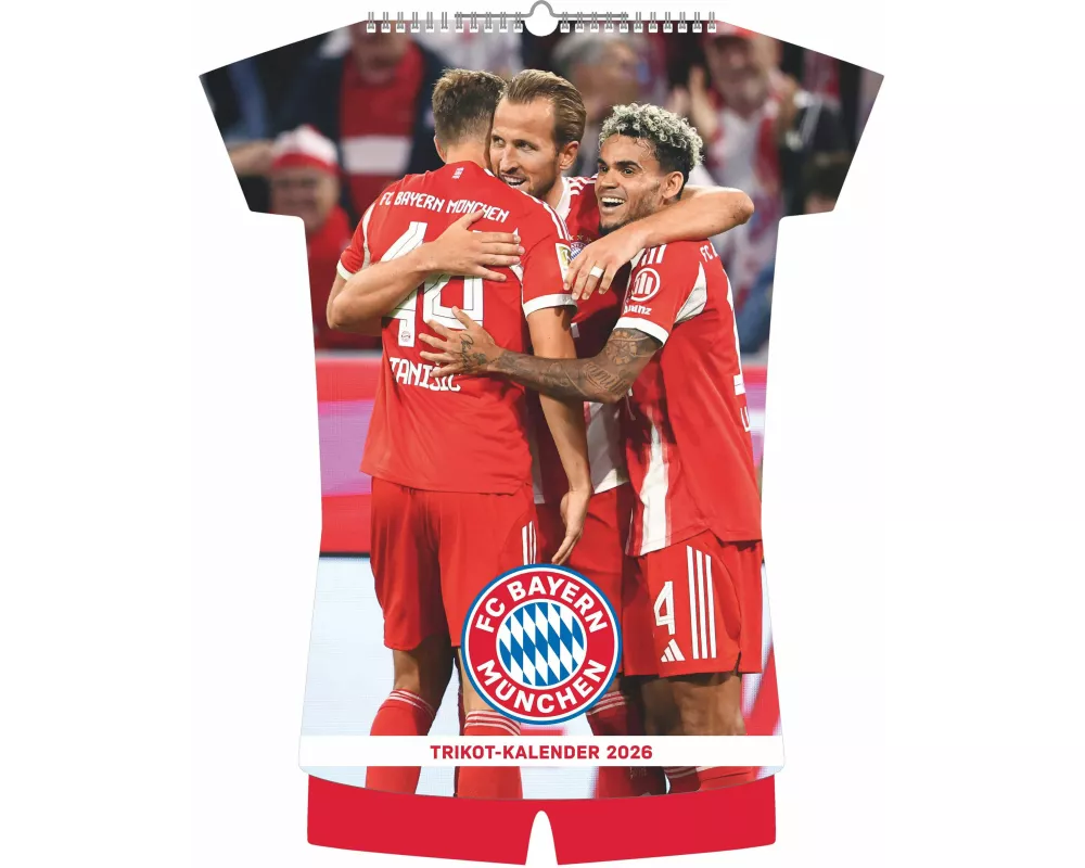 N Neumann - FC Bayern München 2026 – Trikotkalender 34x42 cm mit 12 Monatsblättern, 2-sprachigem Kalendarium & Spiralbindung, origineller Fußball-Wand