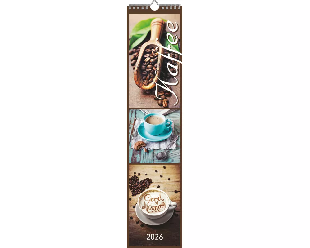 Alpha Edition - Küchenplaner Kaffee 2026 – Streifenkalender 11,3×49,5 cm mit Rezeptideen & deutschem Kalendarium, schlanker Wandkalender für Küche & K