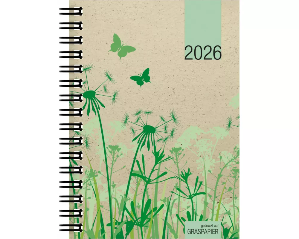 Zettler Taschenkalender 1W/2S Graspapier 2026 – Timer 10 × 14 cm, 1 Woche auf 2 Seiten, nachhaltiger Einband, FSC-zertifiziert