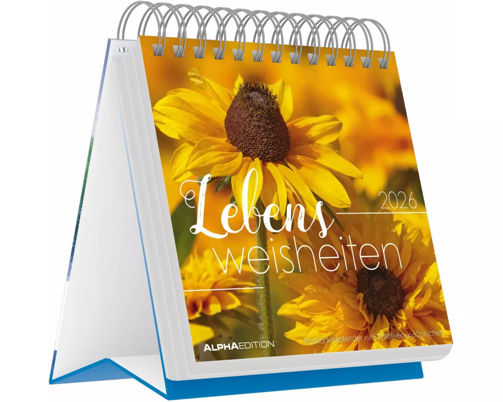 Alpha Edition - Lebensweisheiten 2026 – Postkartenkalender 16×17 cm mit 53 Zitaten & stimmungsvollen Motiven, Tischkalender mit Aufsteller & Perforati