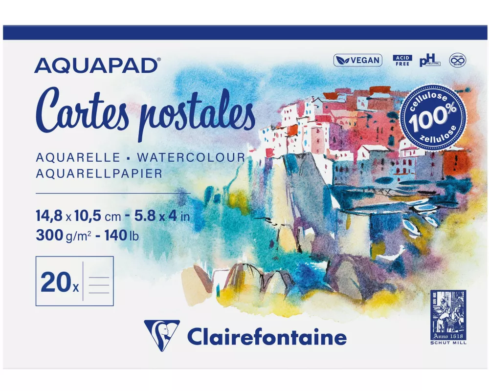 Aquapad Aquarell Postkarten Reisealbum, geleimter Block A6, 10,5x14,8cm, 300g, 20 Blatt