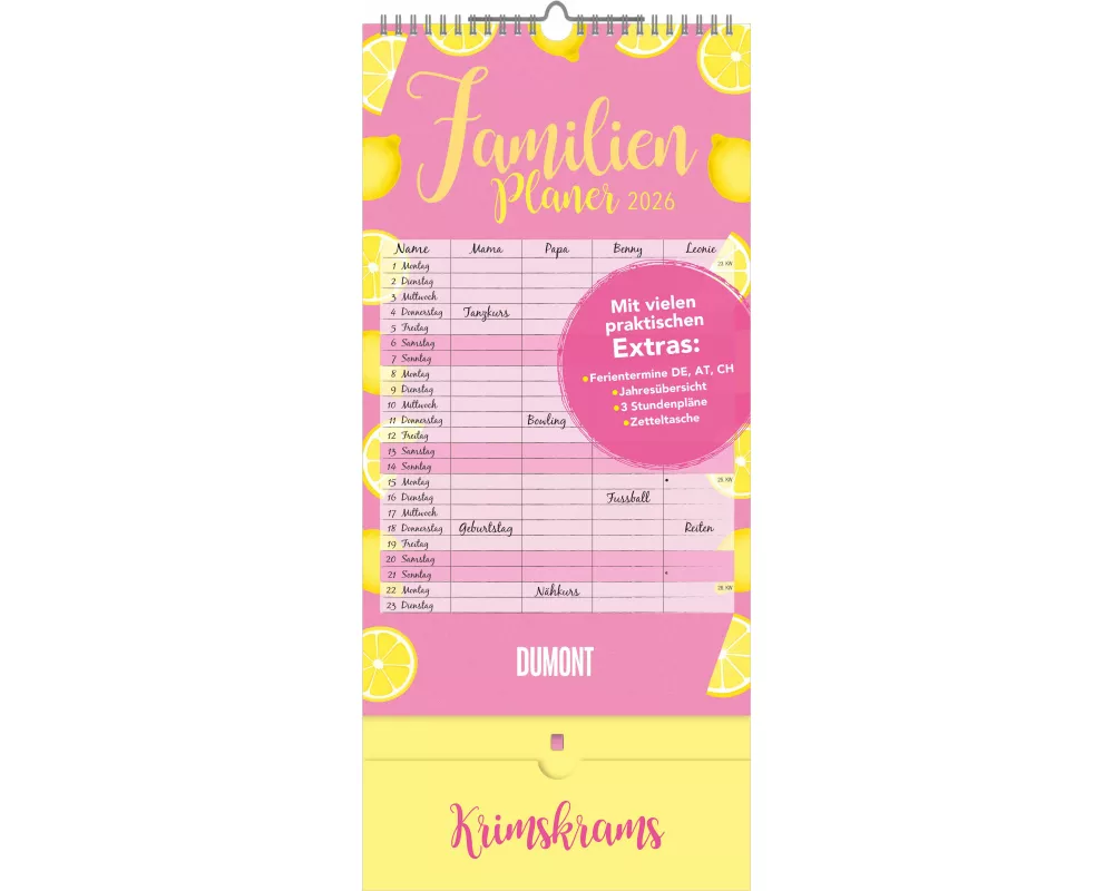 DUMONT - Familienplaner Krimskrams mit Tasche - 4 Spaltnen 2026 – Familienkalender 22x49 cm – Wandkalender, Ferienübersicht, Stundenplänen & Einsteckt