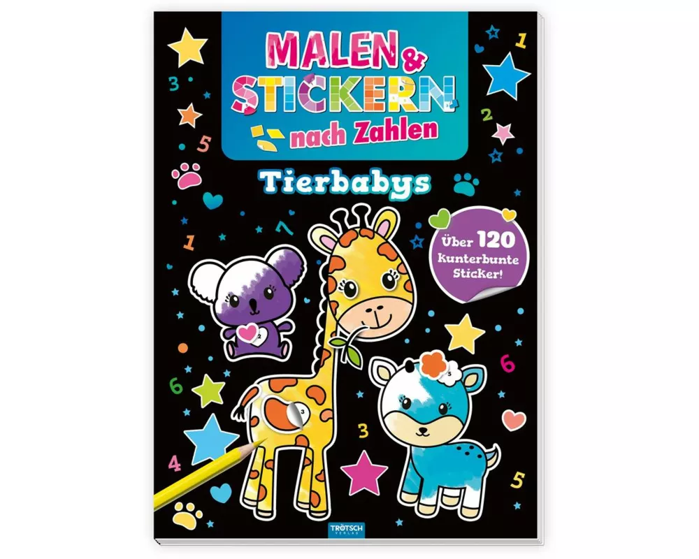 Trötsch Beschäftigungsbuch Malbuch Malen und Stickern nach Zahlen Tierbabys