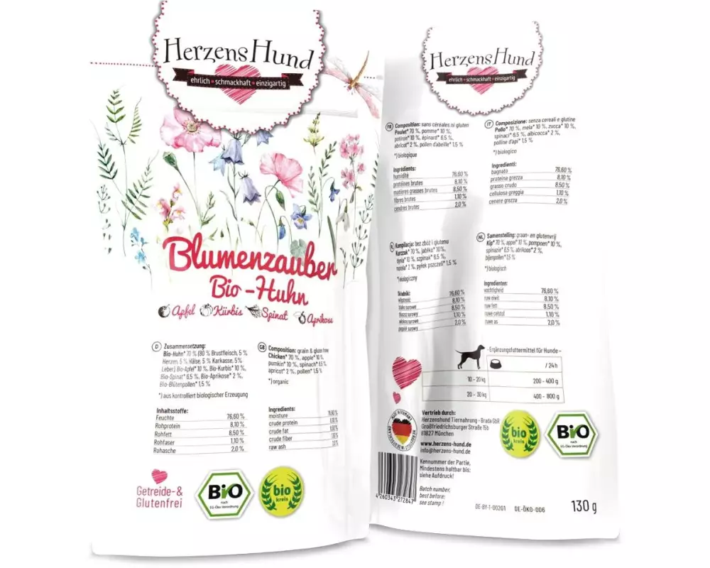 HerzensHund Nassfutter Blumenzauber Bio-Huhn, 130 g