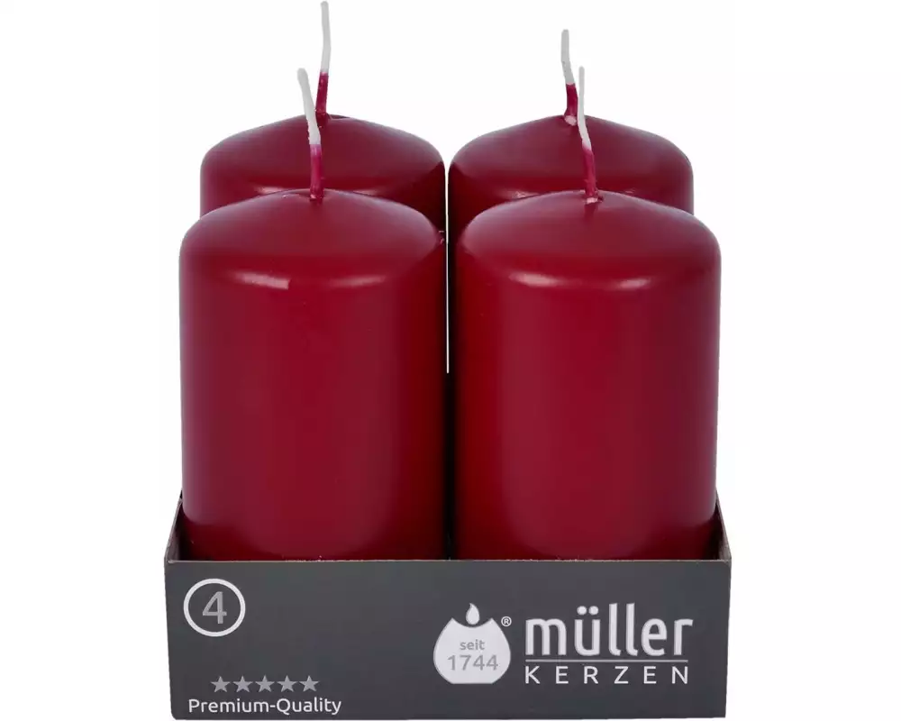 müller Kerzen Stumpenkerze 9 x 4.8 cm, Bordeaux, 4 Stück