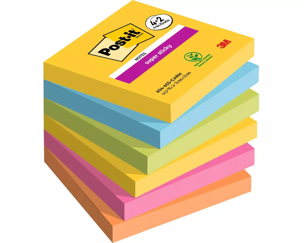 Post-it Notizzettel Super Sticky Promotion 7.6 x 7.6 cm, 6 Blöcke