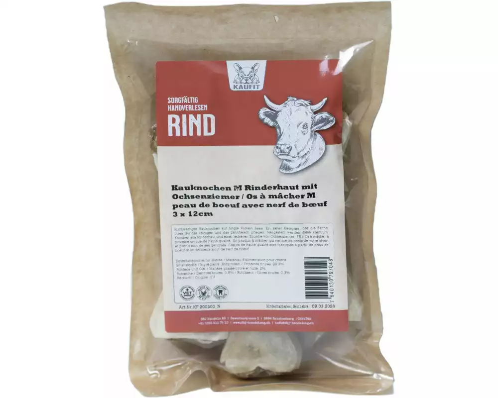 Kaufit Kauknochen Rind mit Ochsenziemer, 12 cm, 210 g, 3 Stück,