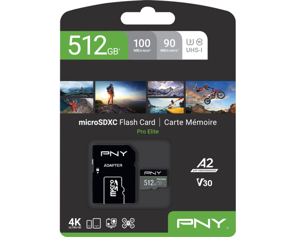 PNY micro-SDXC Pro Elite 512GB P-SDUX512U3100PRO-GE UHS-I U3 A2 & adapter