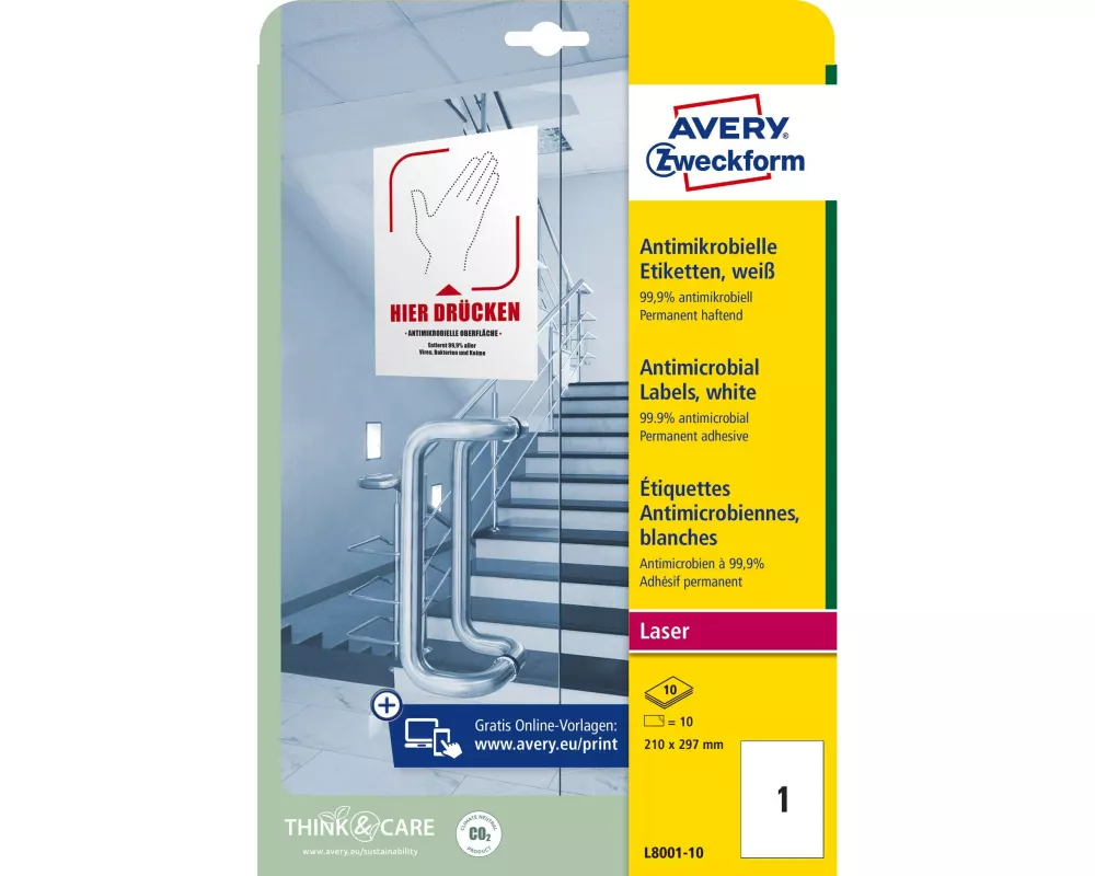 Avery Zweckform Antimikrobielle-Etiketten 210 x 297 mm, 10 Blatt, Weiss