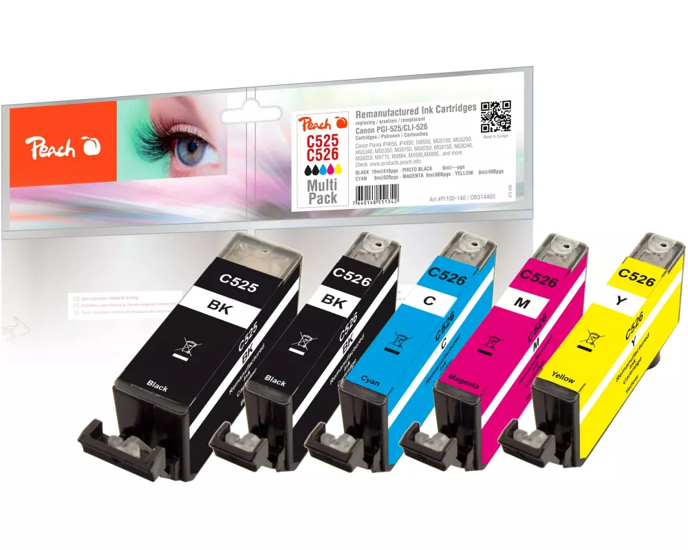 Peach Tinte Canon GI-525/CLI-526, Multi-Pack C, M, Y, 2x BK
