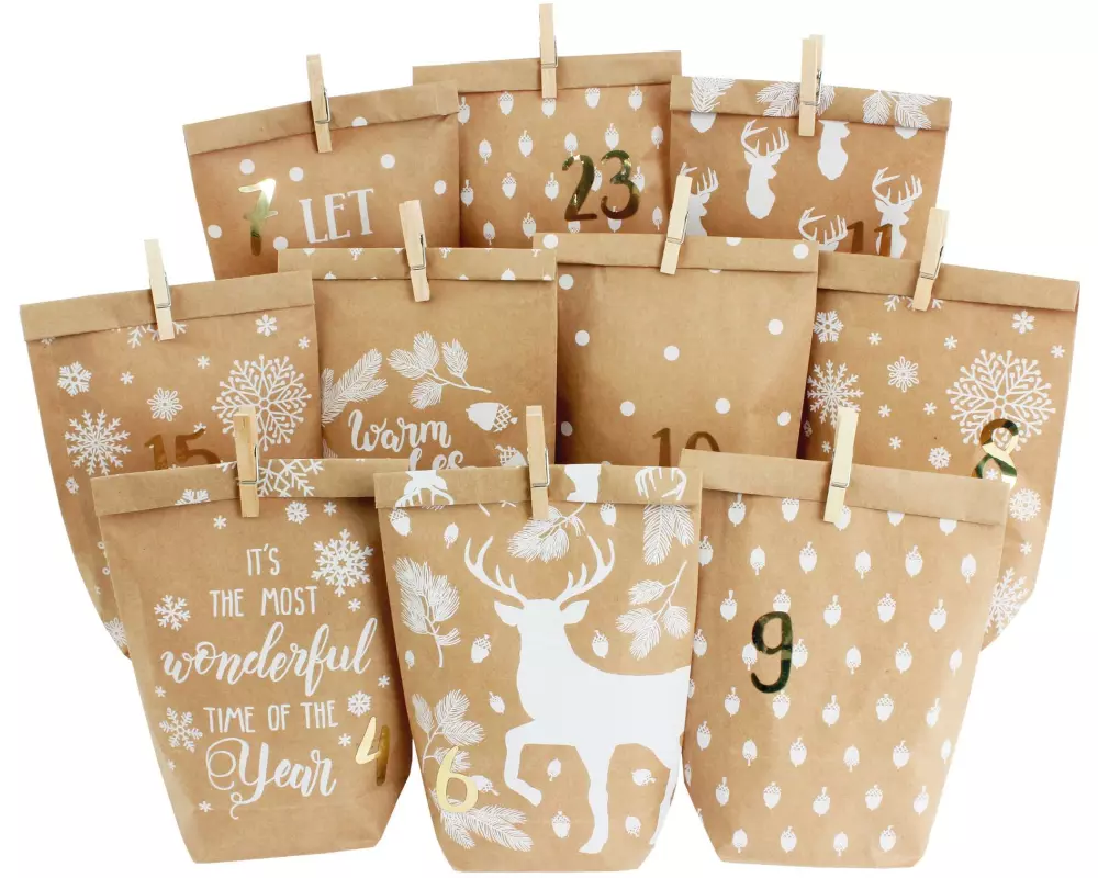 G. Wurm Adventskalender 24 Tüten mit Klammern, Weihnachtsmotiv
