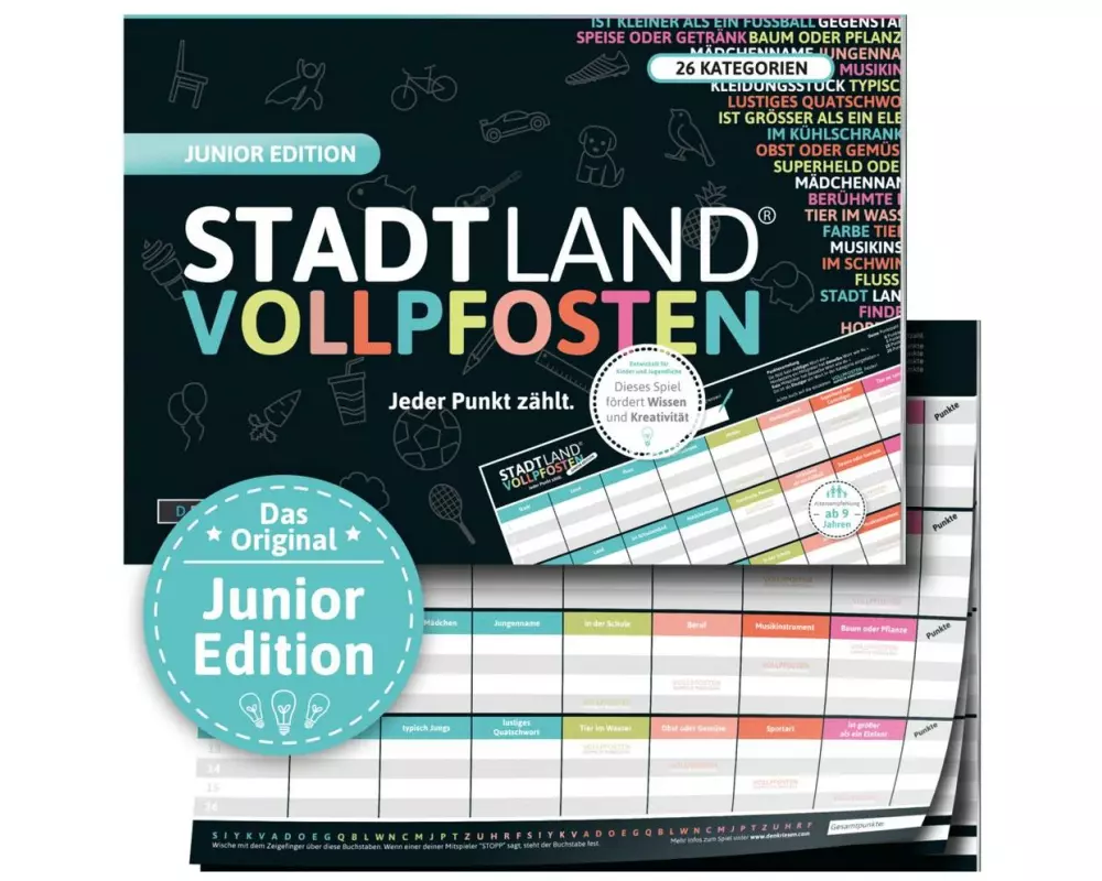 Denkriesen Partyspiel STADT LAND VOLLPFOSTEN – Junior Edition